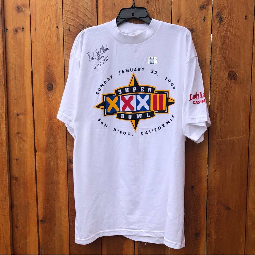 Licensed Super Bowl XXXII Shirt Autographed by Hall of Famer Bob St. Clair nwot